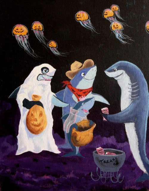 Trick or Treat Shark Style (acrylic painting on canvas board)