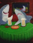 "Sharks on a Date" (acrylic painting on canvas board)