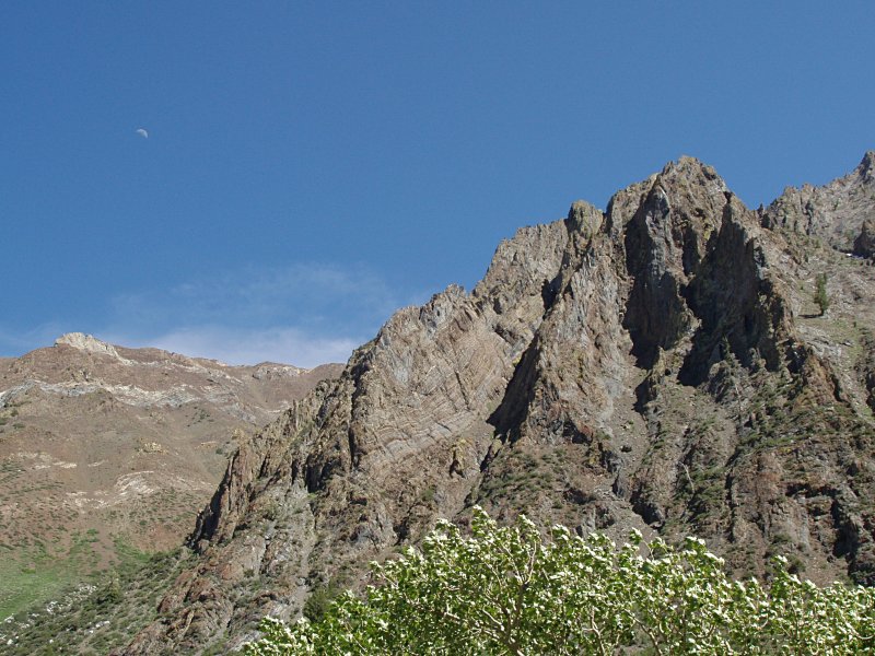 Folded Rock Layers and Moon at McGee Creek