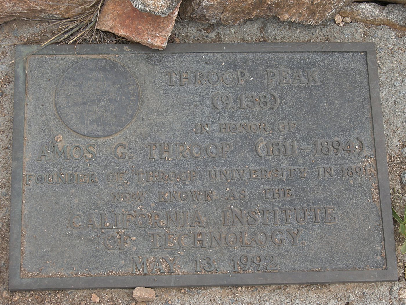 Plaque on Throop Peak