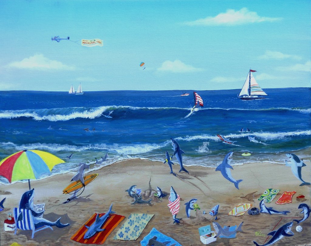 Shark's Day at the Beach (acrylic painting on canvas)