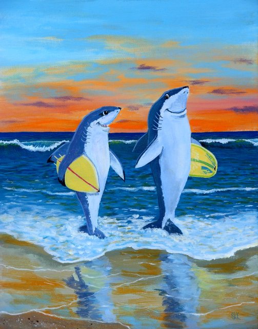 Shark Surfers (acrylic painting on canvas board)