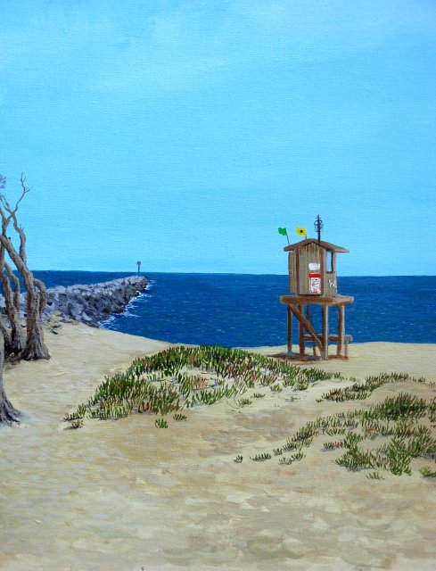 Lifeguard Stand at the Wedge (acrylic on canvas board)