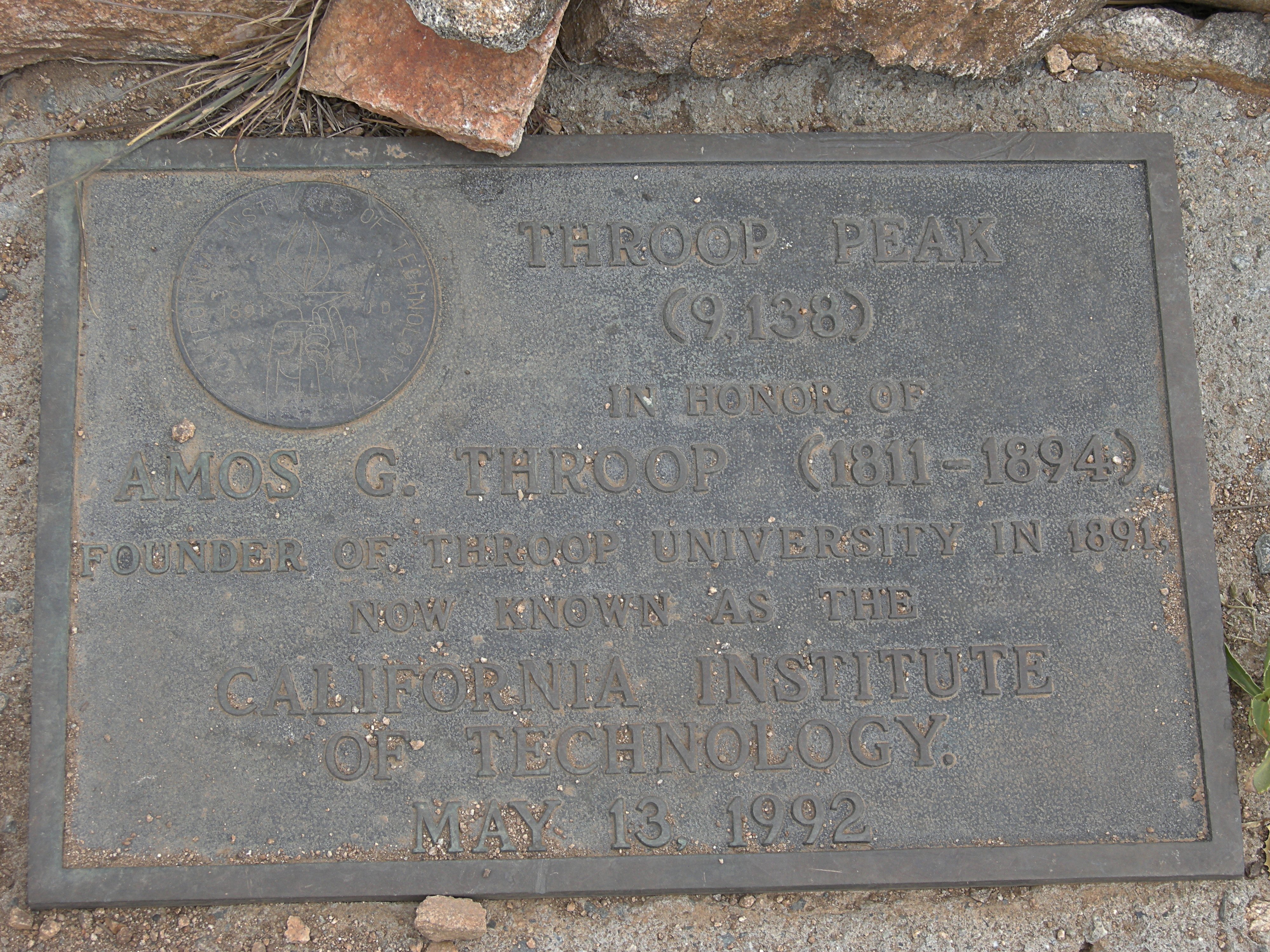 Plaque on Throop Peak