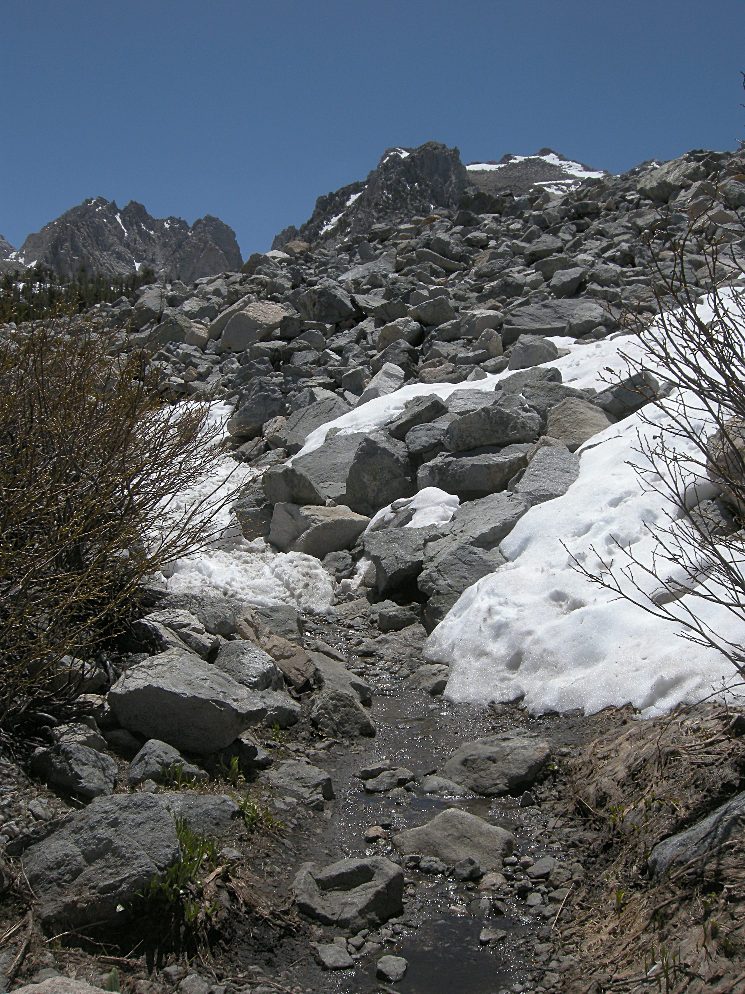 Melting snow on the Kearsarge Pass Trail